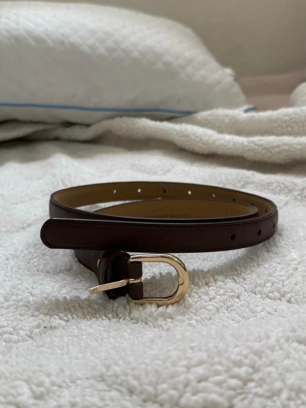 Vintage Inspired Slim Dark Brown Leather Belt with Gold Buckle